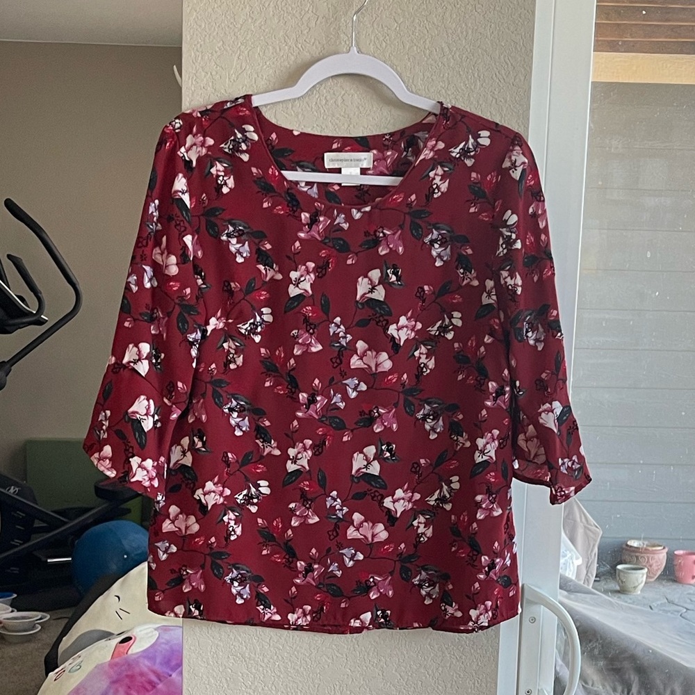 Christopher & Banks floral Burgundy Blouse. Size Small
